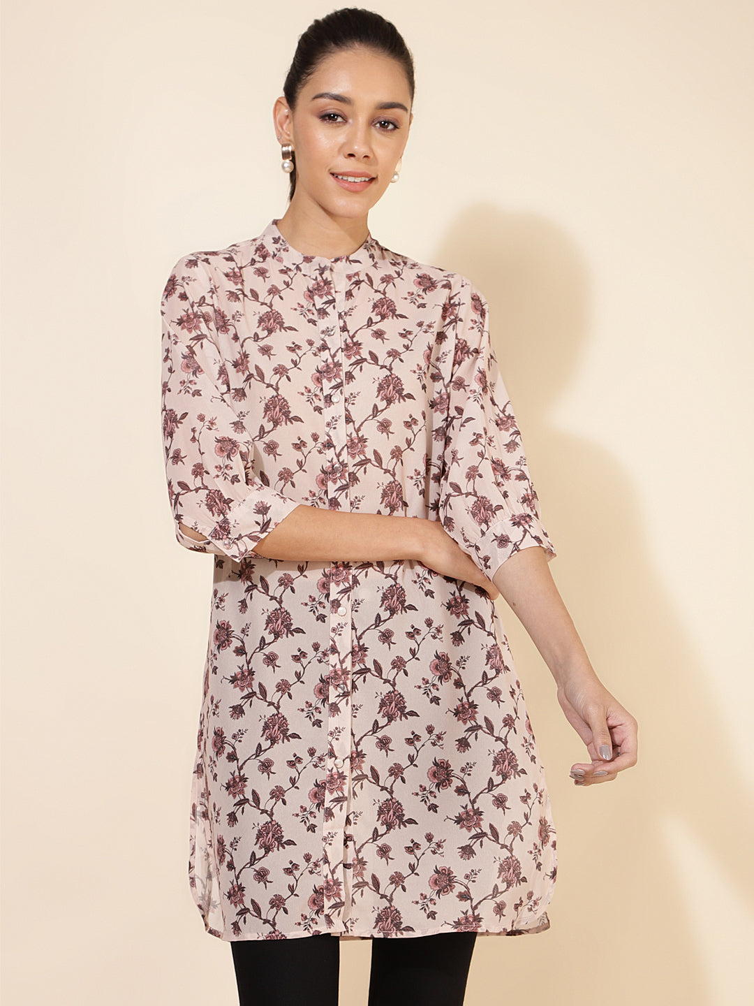 Janasya Women's Beige Georgette Floral Printed Casual Tunic | Swadesiicart