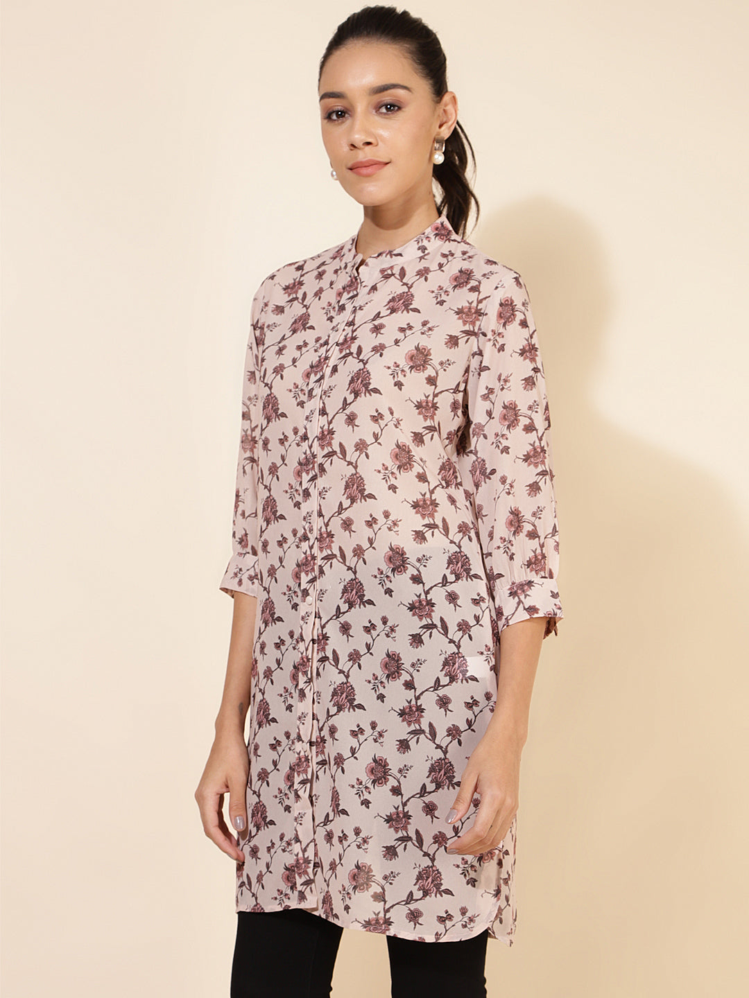 Janasya Women's Beige Georgette Floral Printed Casual Tunic | Swadesiicart
