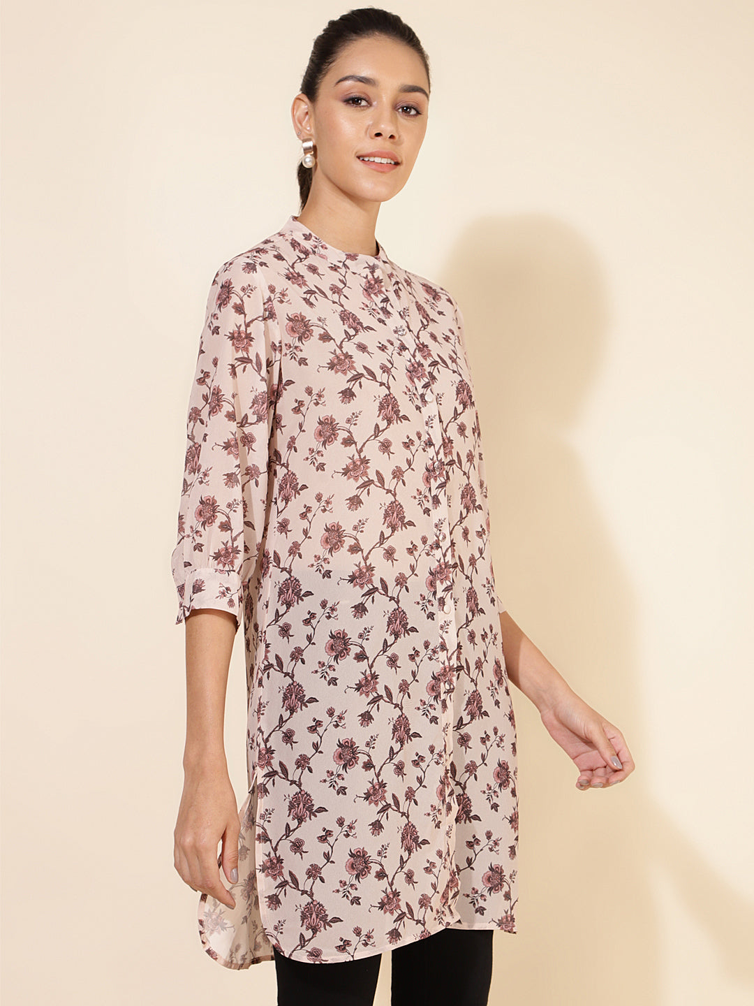 Janasya Women's Beige Georgette Floral Printed Casual Tunic | Swadesiicart