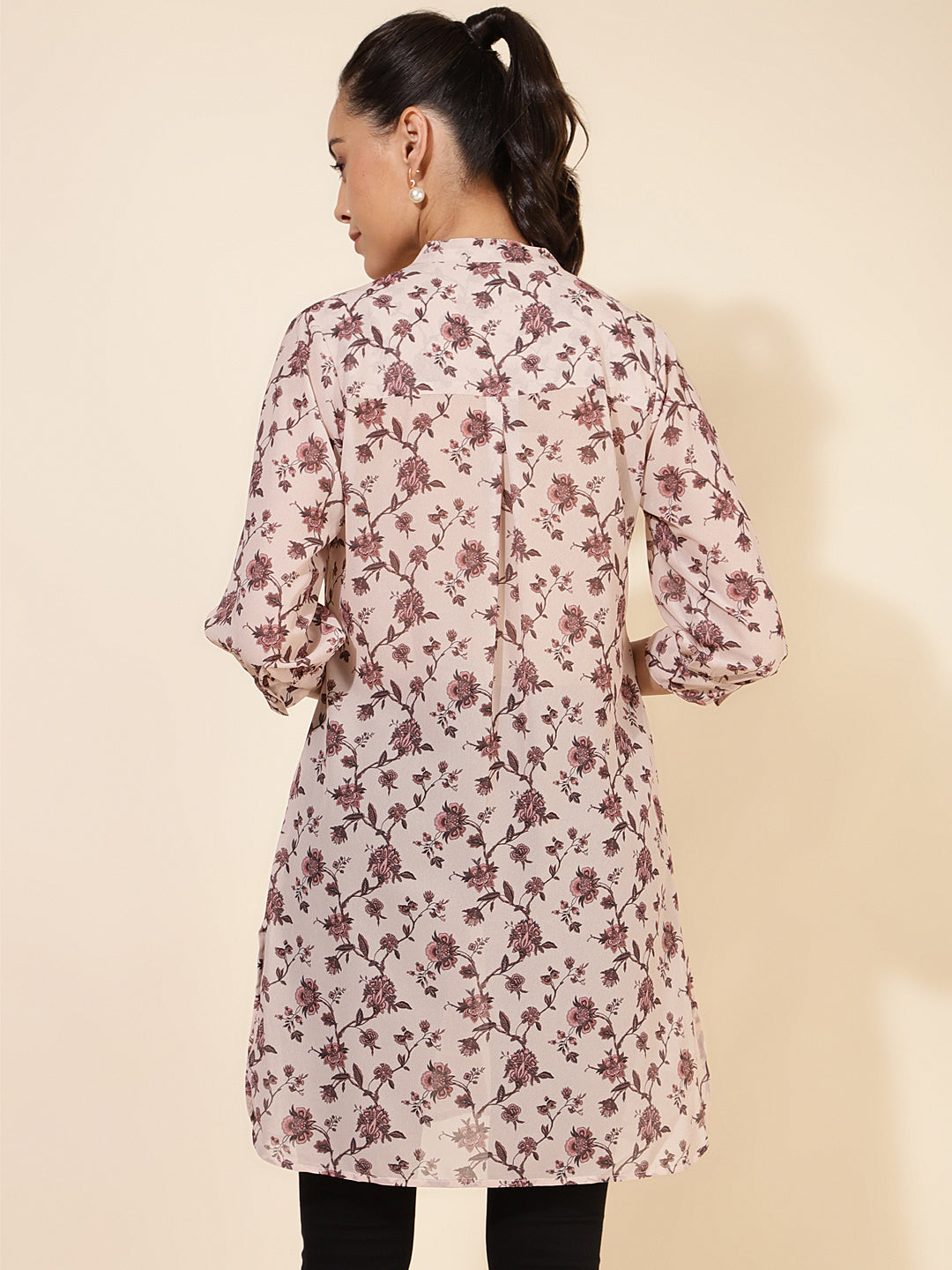 Janasya Women's Beige Georgette Floral Printed Casual Tunic | Swadesiicart
