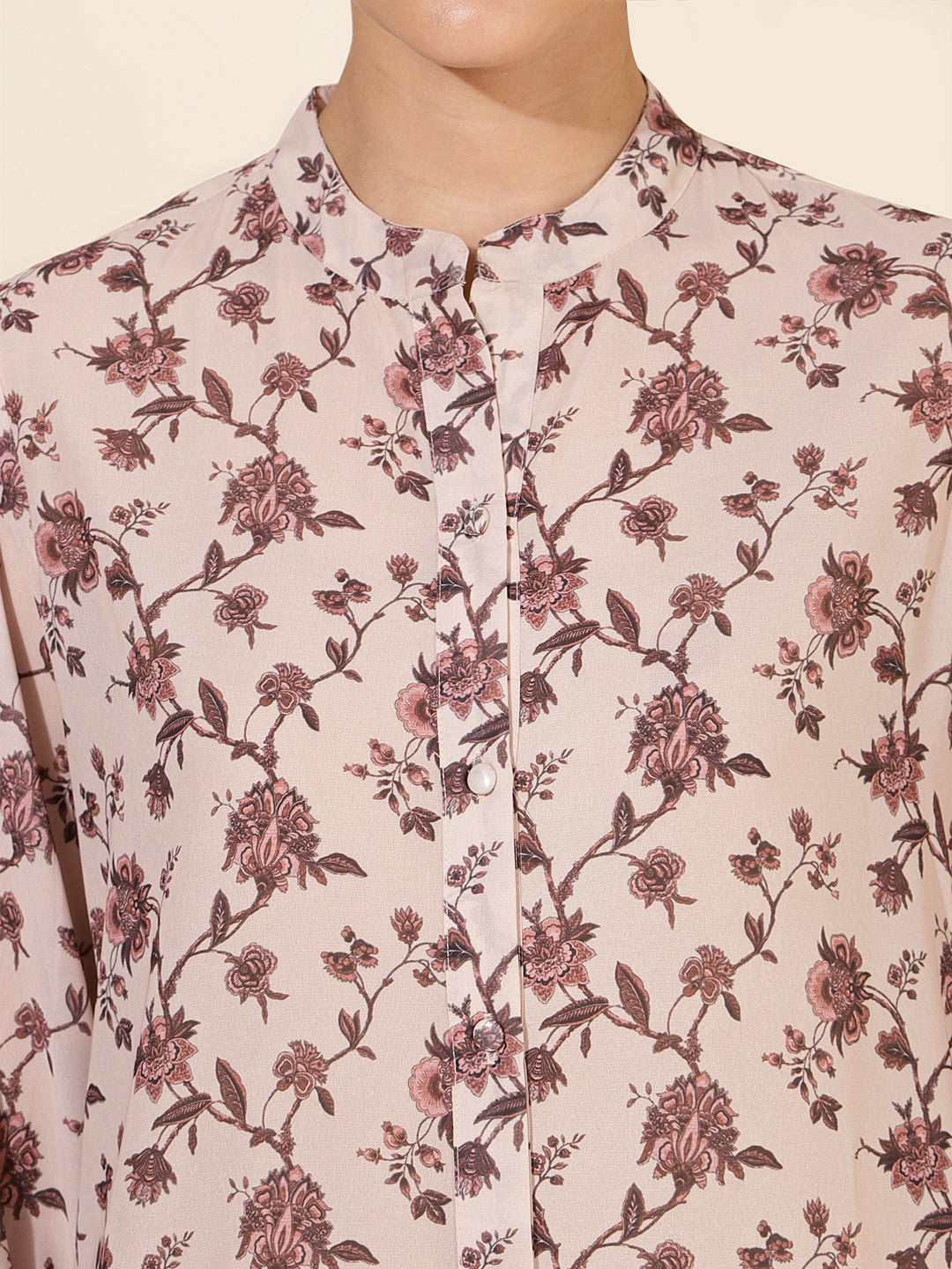 Janasya Women's Beige Georgette Floral Printed Casual Tunic | Swadesiicart