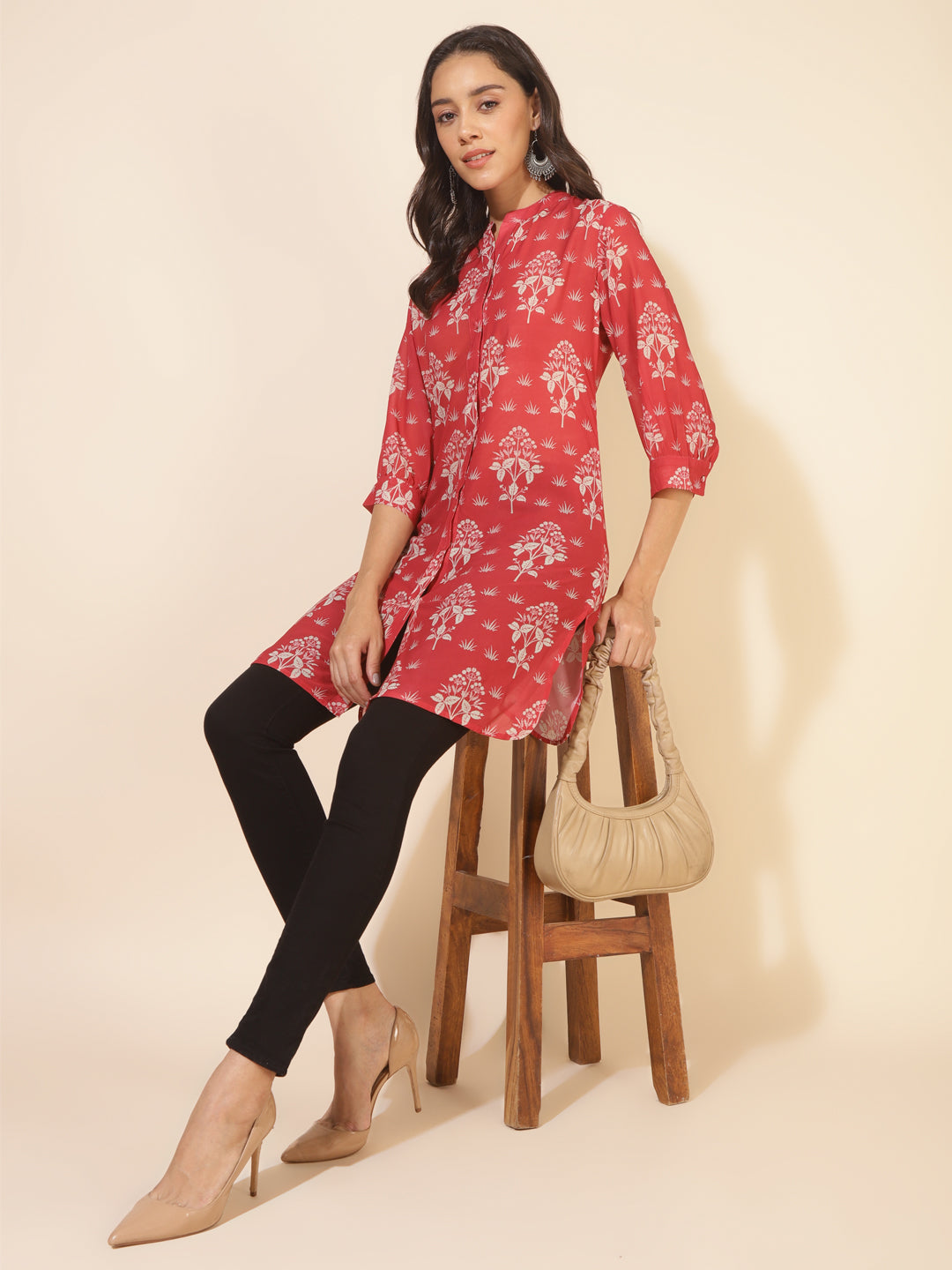 Janasya Women's Red Georgette Floral Printed Casual Tunic | Swadesiicart