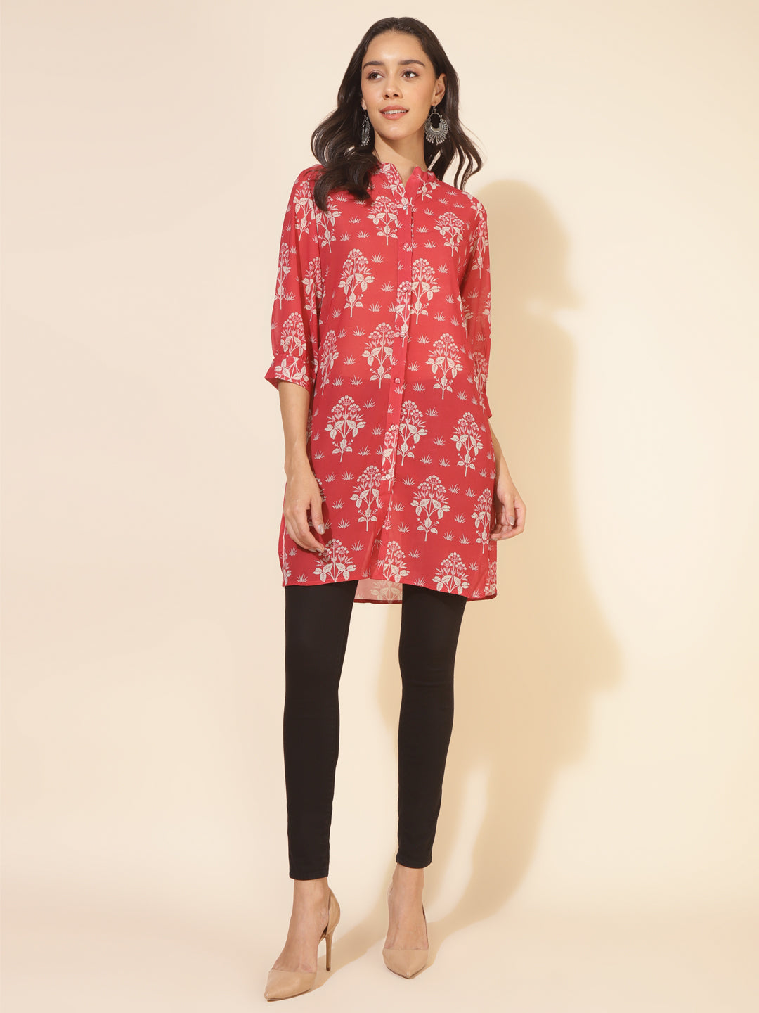 Janasya Women's Red Georgette Floral Printed Casual Tunic | Swadesiicart