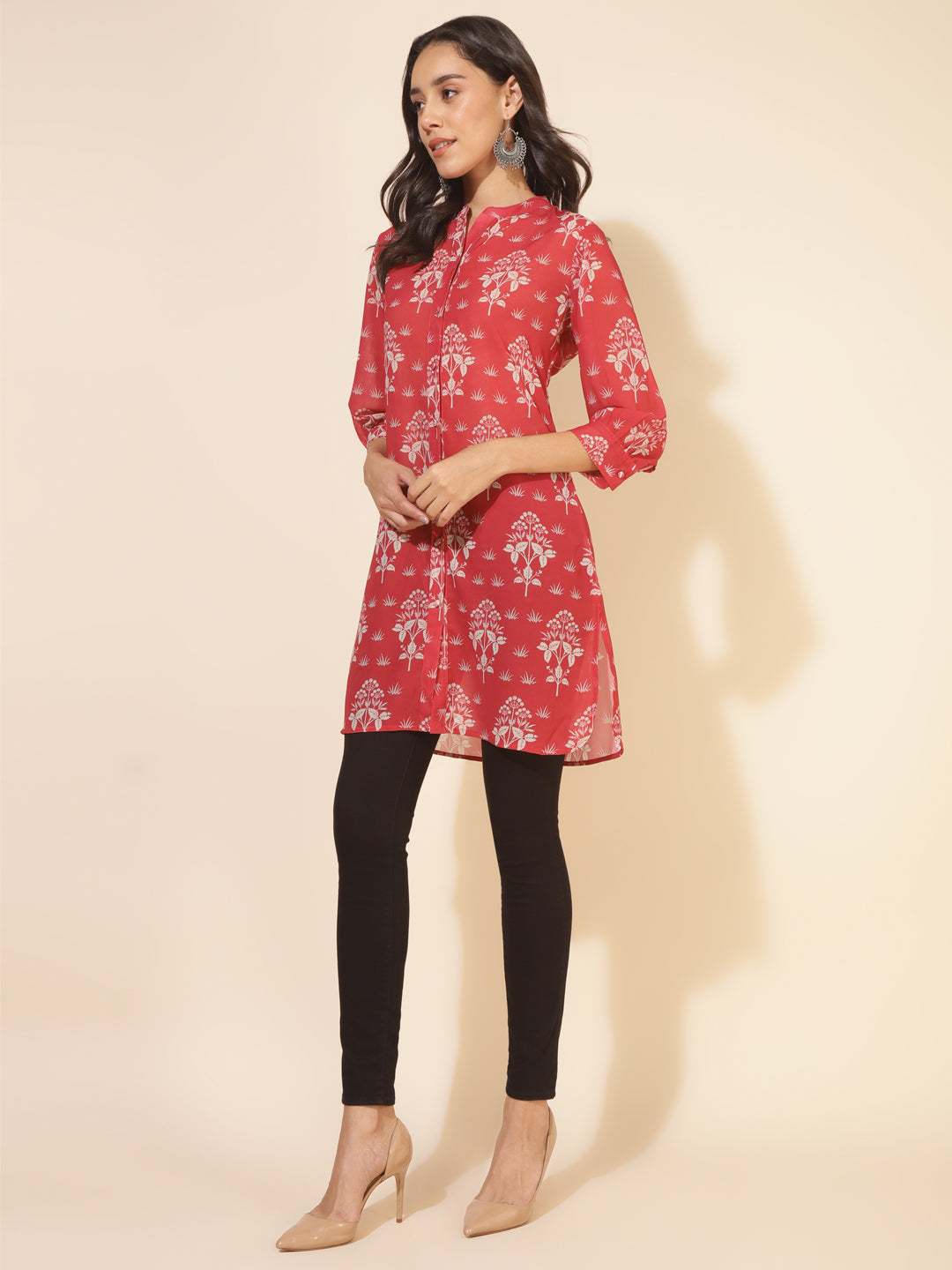 Janasya Women's Red Georgette Floral Printed Casual Tunic | Swadesiicart