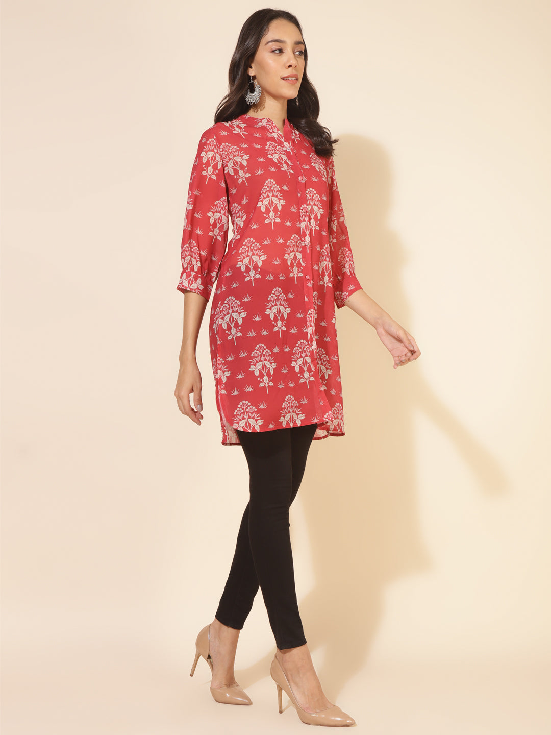 Janasya Women's Red Georgette Floral Printed Casual Tunic | Swadesiicart