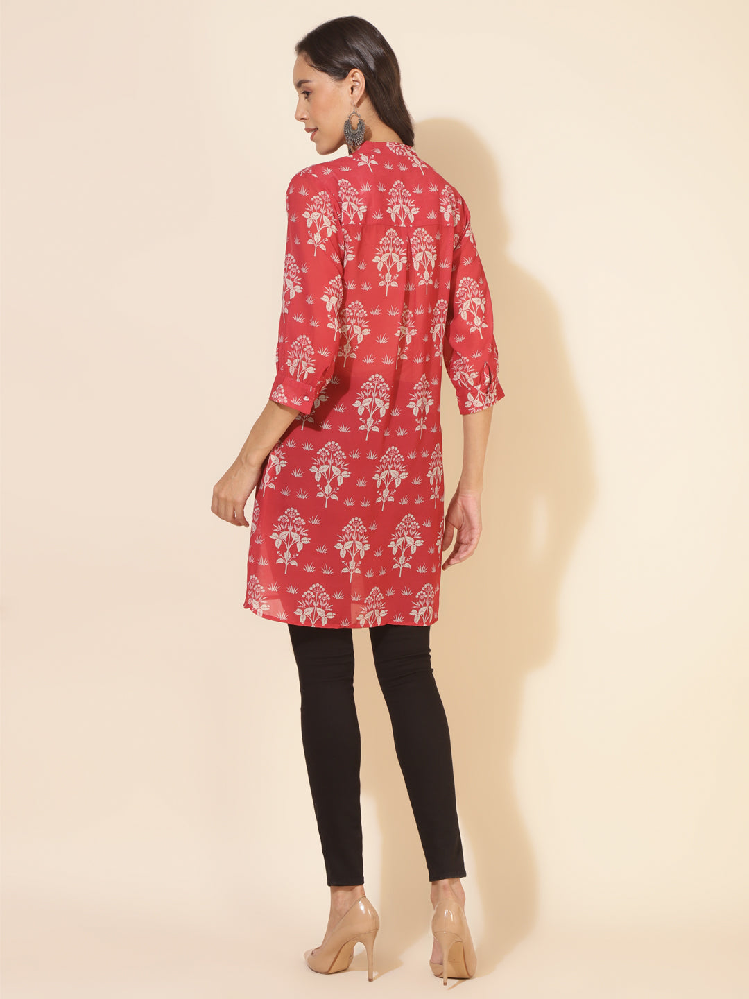 Janasya Women's Red Georgette Floral Printed Casual Tunic | Swadesiicart