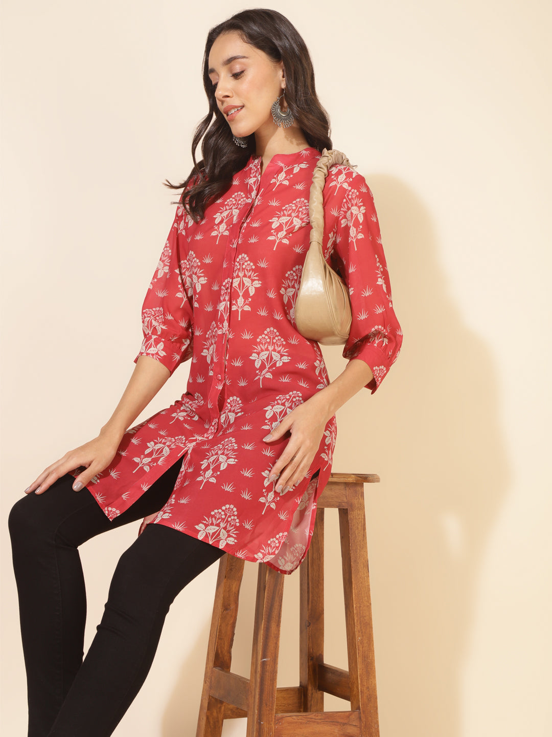 Janasya Women's Red Georgette Floral Printed Casual Tunic | Swadesiicart