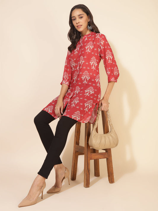 Janasya Women's Red Georgette Floral Printed Casual Tunic | Swadesiicart