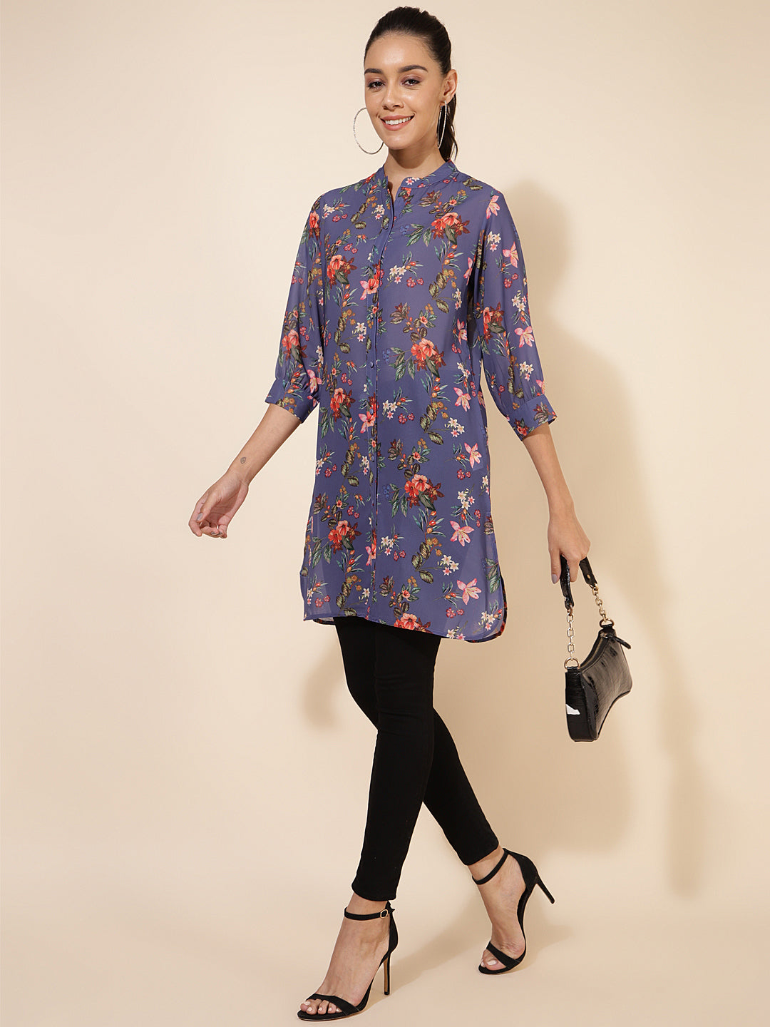 Janasya Women's Violet Georgette Floral Printed Casual Tunic | Swadesiicart