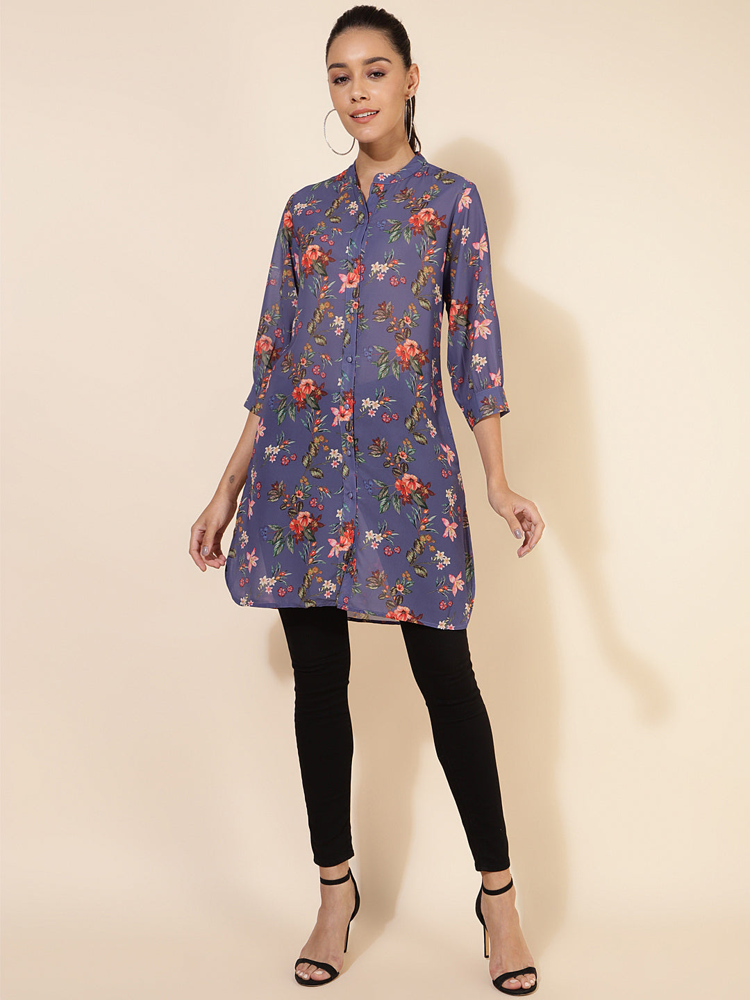 Janasya Women's Violet Georgette Floral Printed Casual Tunic | Swadesiicart