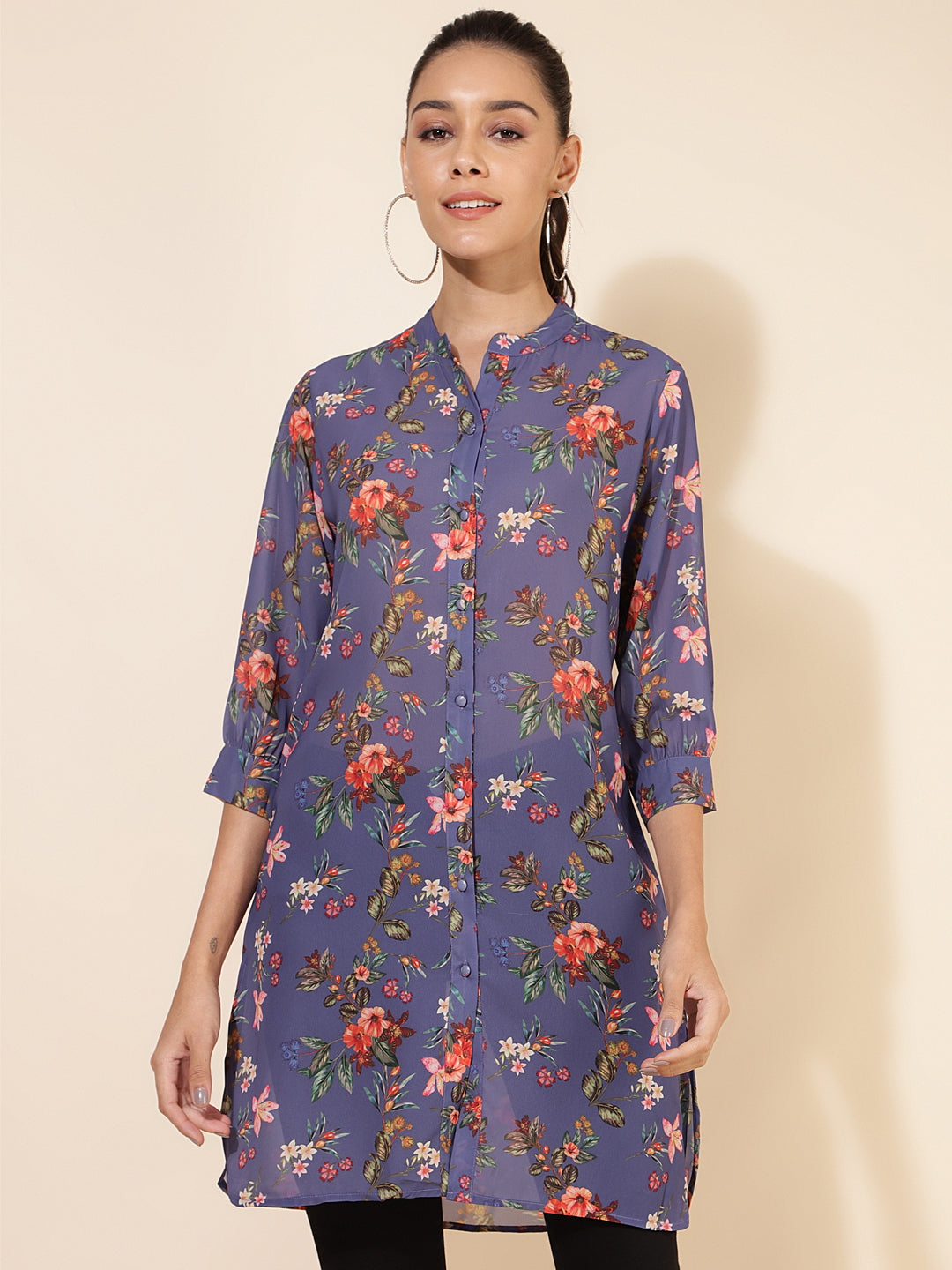 Janasya Women's Violet Georgette Floral Printed Casual Tunic | Swadesiicart