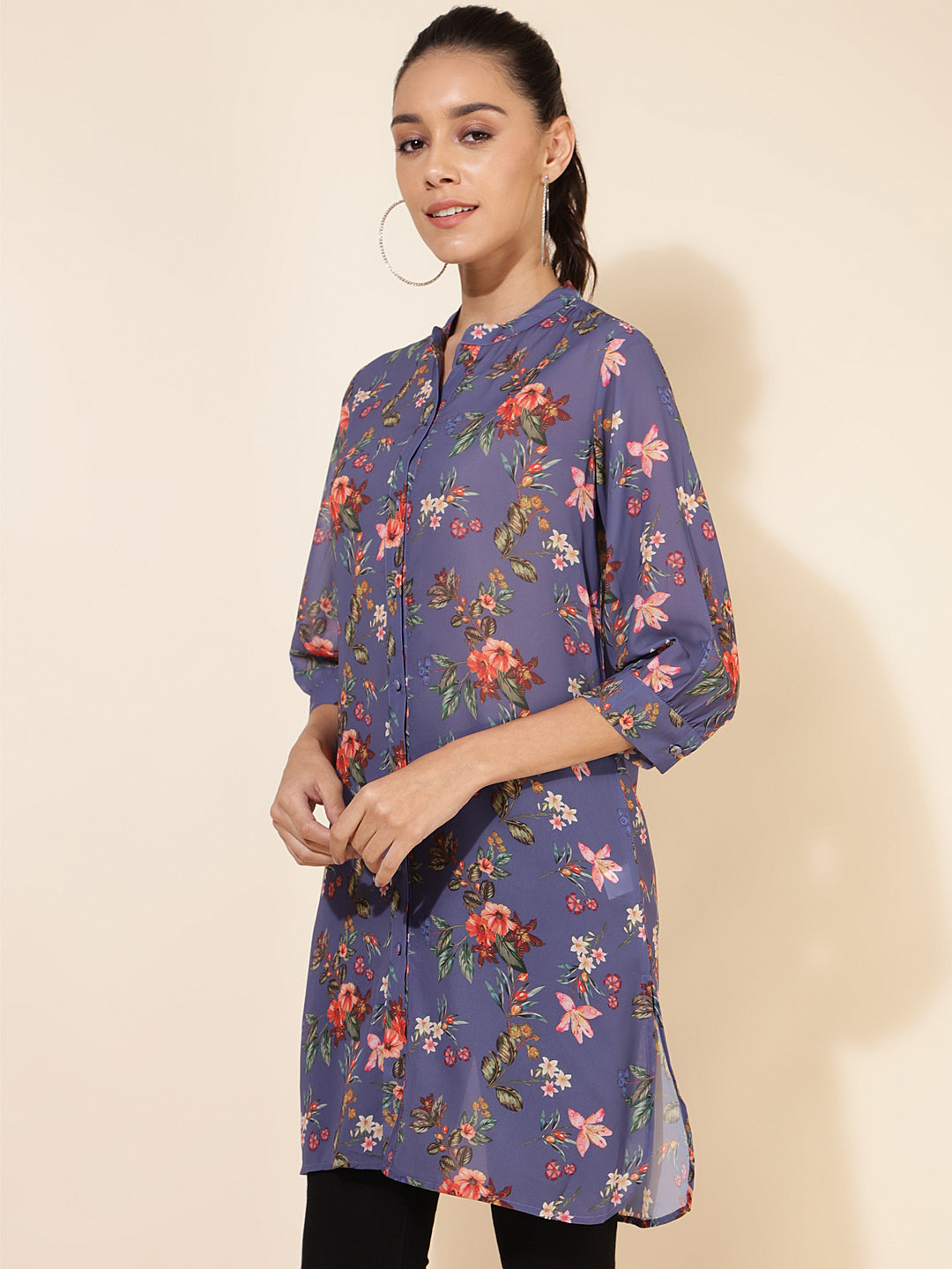Janasya Women's Violet Georgette Floral Printed Casual Tunic | Swadesiicart