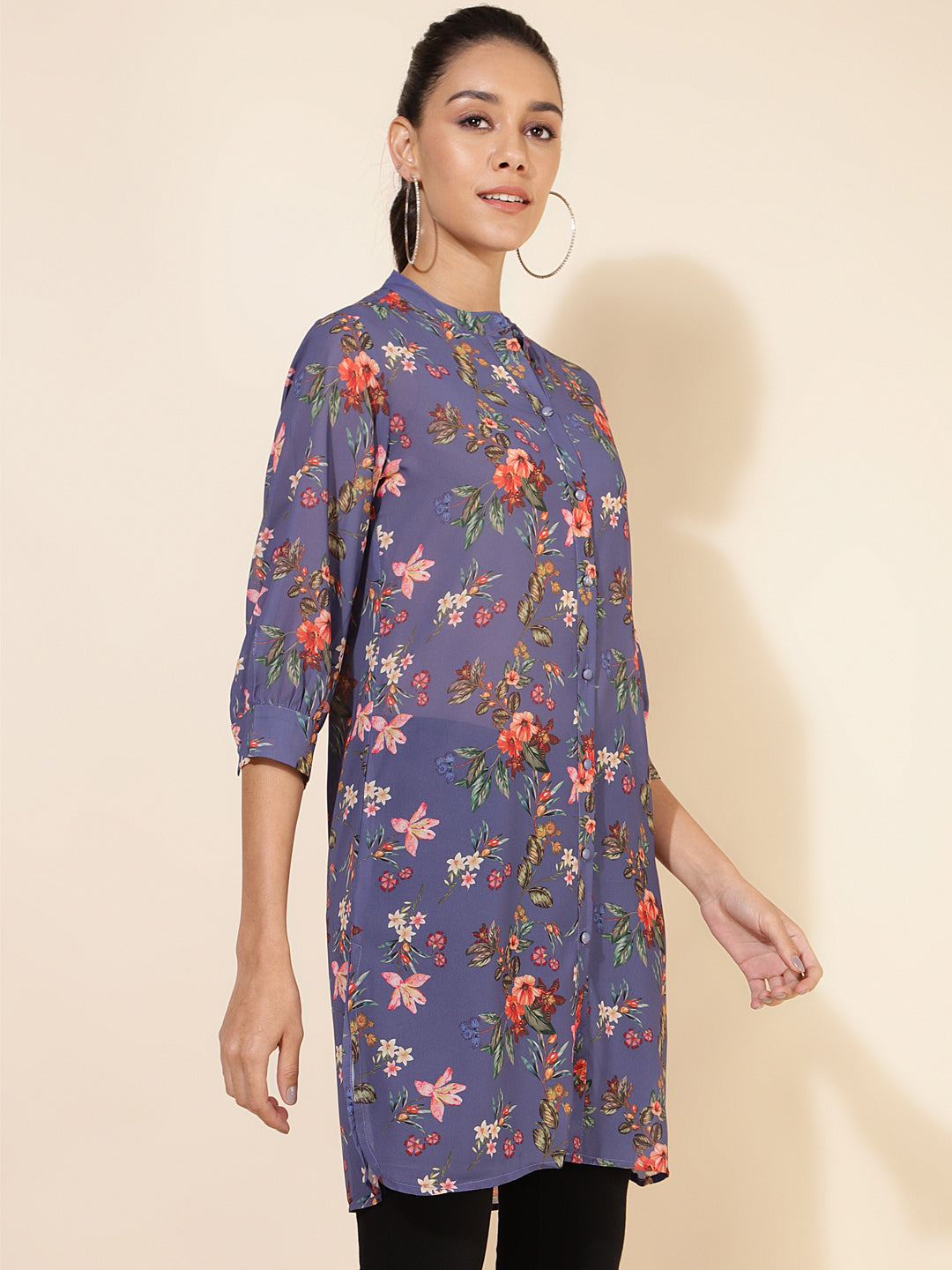 Janasya Women's Violet Georgette Floral Printed Casual Tunic | Swadesiicart