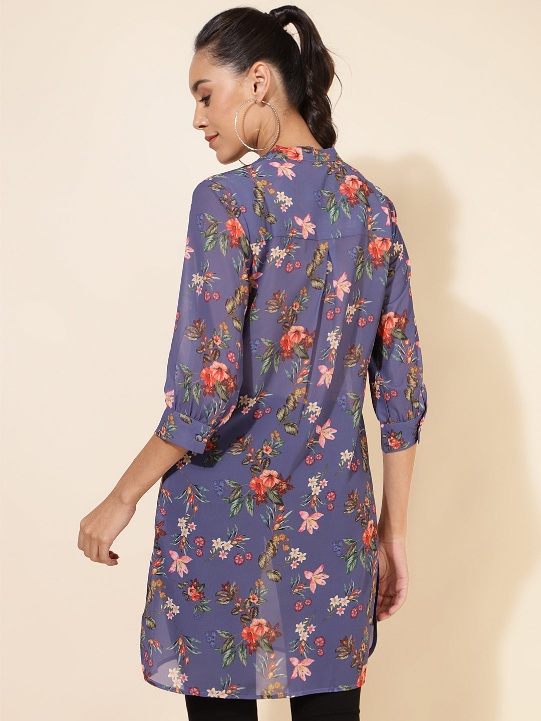 Janasya Women's Violet Georgette Floral Printed Casual Tunic | Swadesiicart