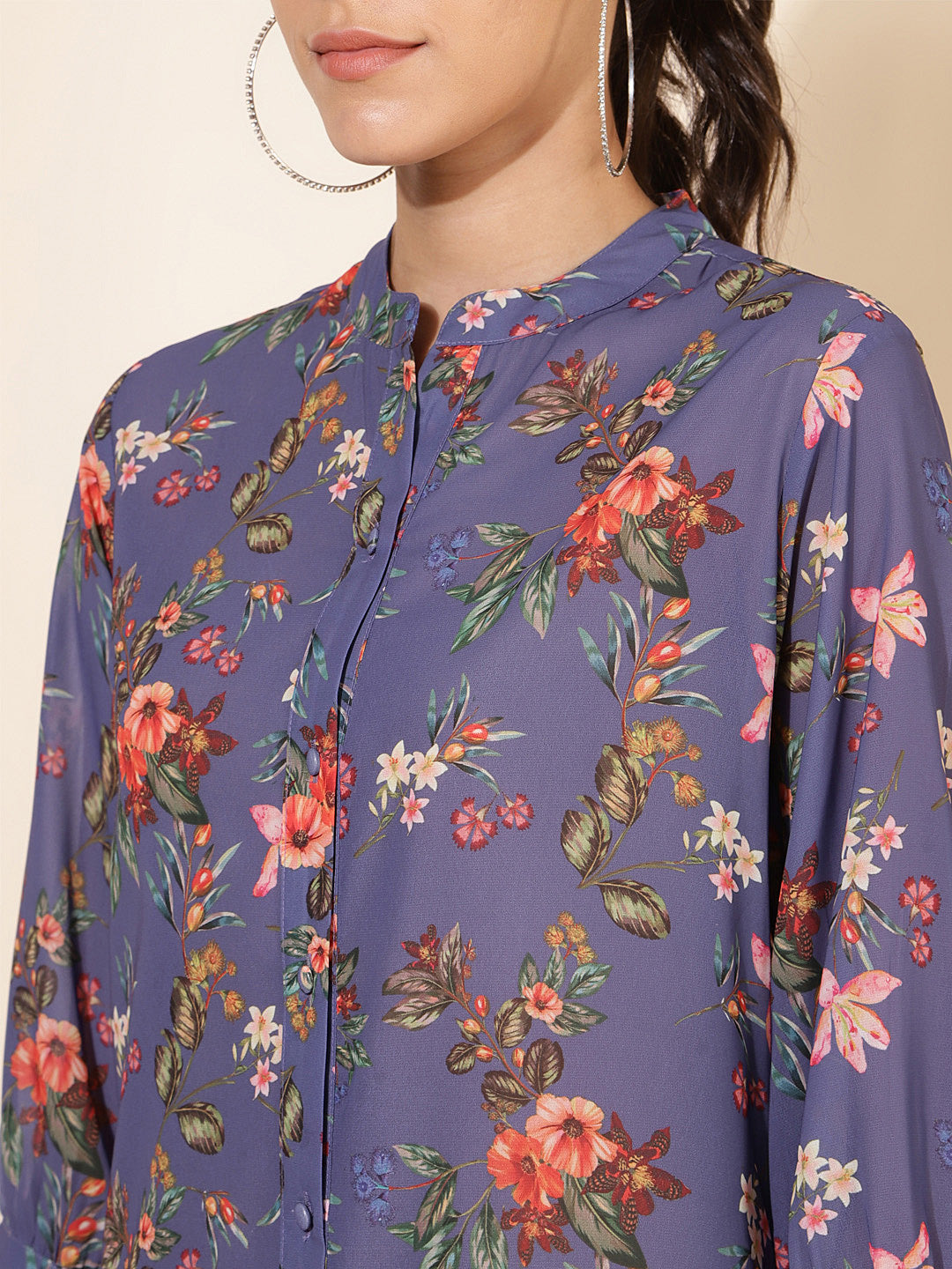 Janasya Women's Violet Georgette Floral Printed Casual Tunic | Swadesiicart