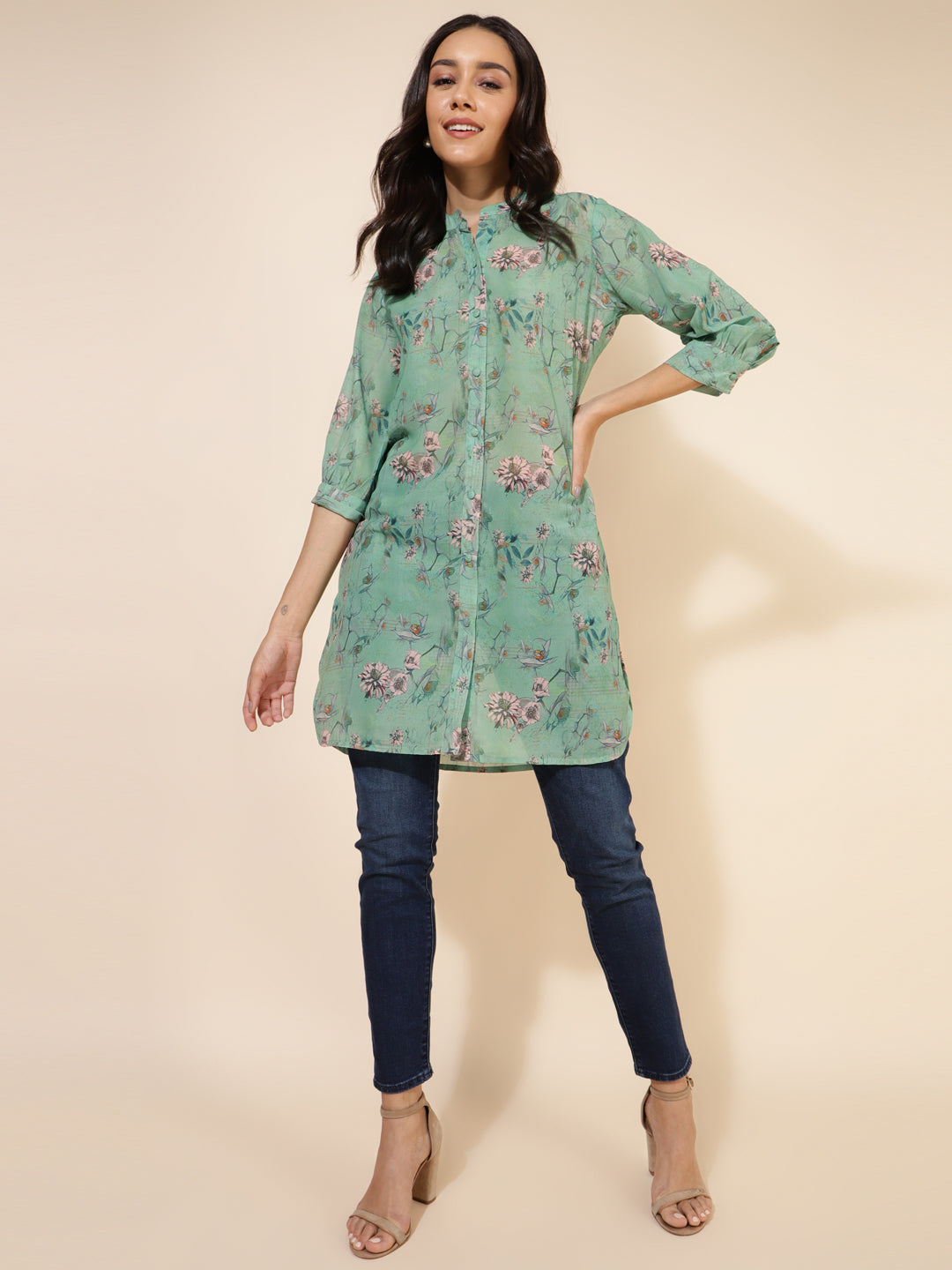 Janasya Women's Light Green Georgette Floral Printed Casual Tunic | Swadesiicart