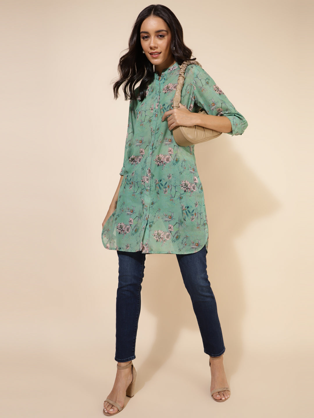 Janasya Women's Light Green Georgette Floral Printed Casual Tunic | Swadesiicart