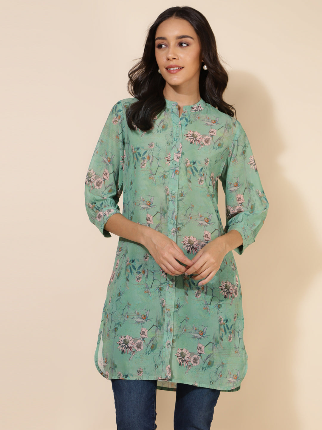 Janasya Women's Light Green Georgette Floral Printed Casual Tunic | Swadesiicart