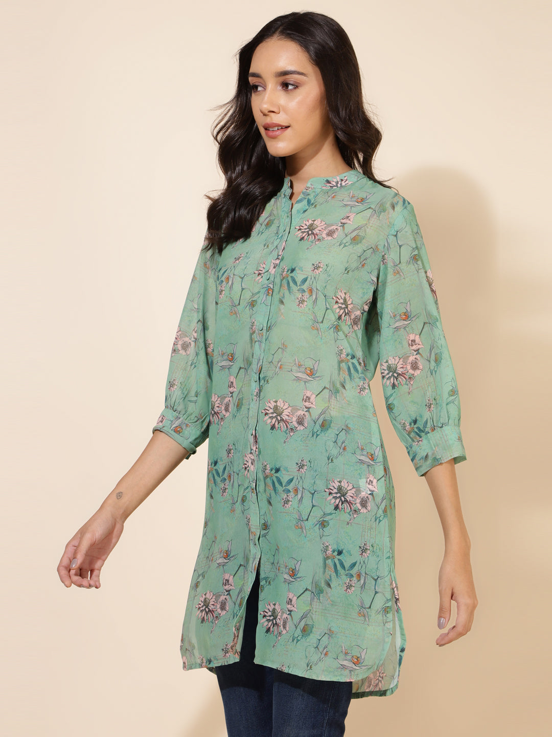 Janasya Women's Light Green Georgette Floral Printed Casual Tunic | Swadesiicart