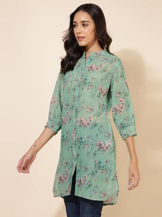 Janasya Women's Light Green Georgette Floral Printed Casual Tunic | Swadesiicart