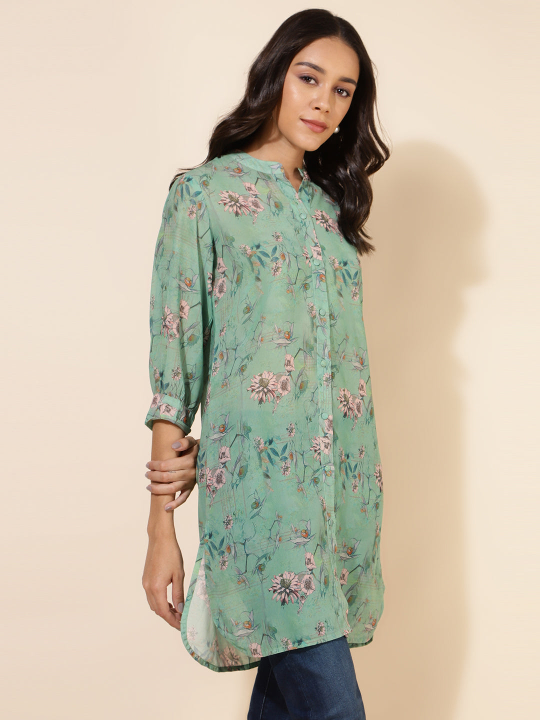 Janasya Women's Light Green Georgette Floral Printed Casual Tunic | Swadesiicart
