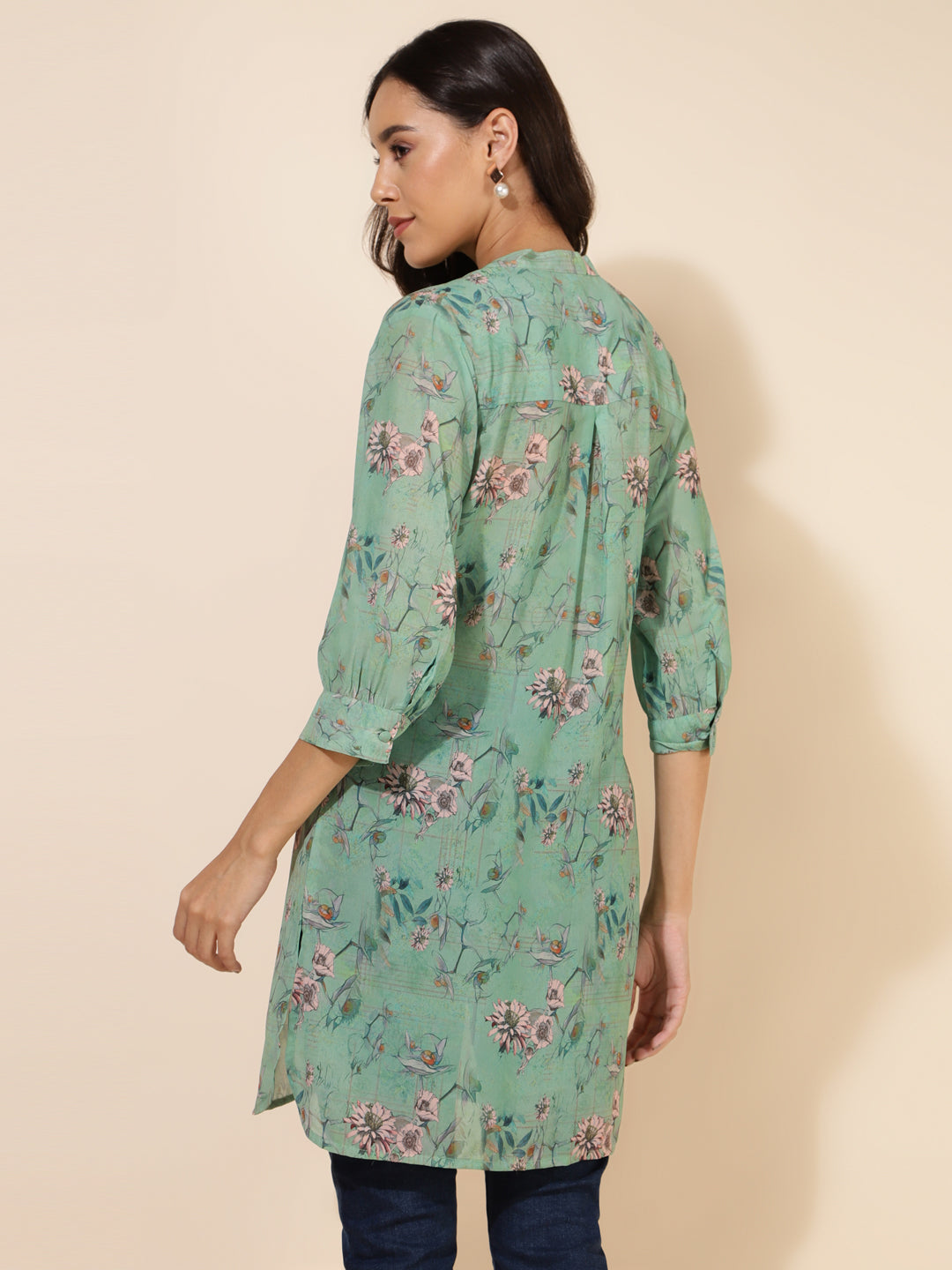 Janasya Women's Light Green Georgette Floral Printed Casual Tunic | Swadesiicart