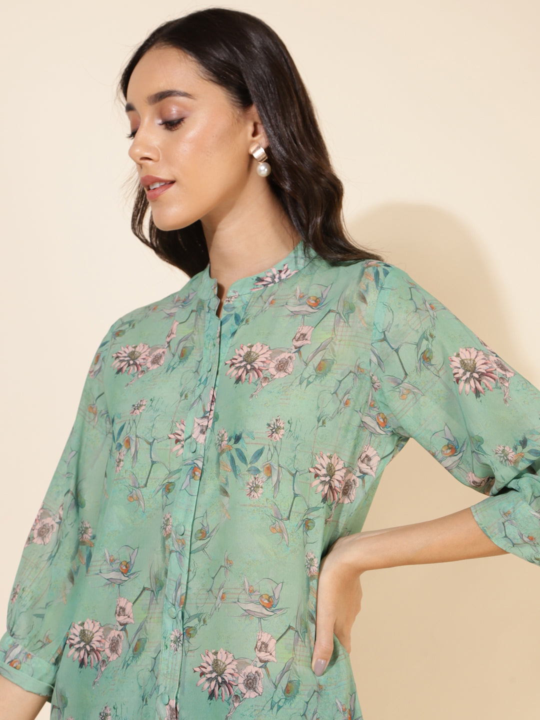 Janasya Women's Light Green Georgette Floral Printed Casual Tunic | Swadesiicart