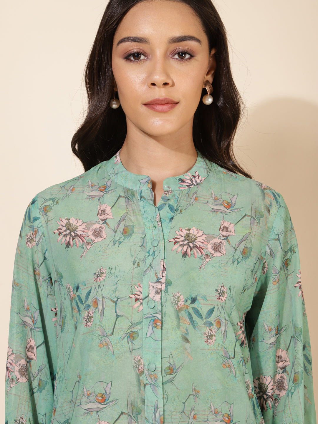 Janasya Women's Light Green Georgette Floral Printed Casual Tunic | Swadesiicart