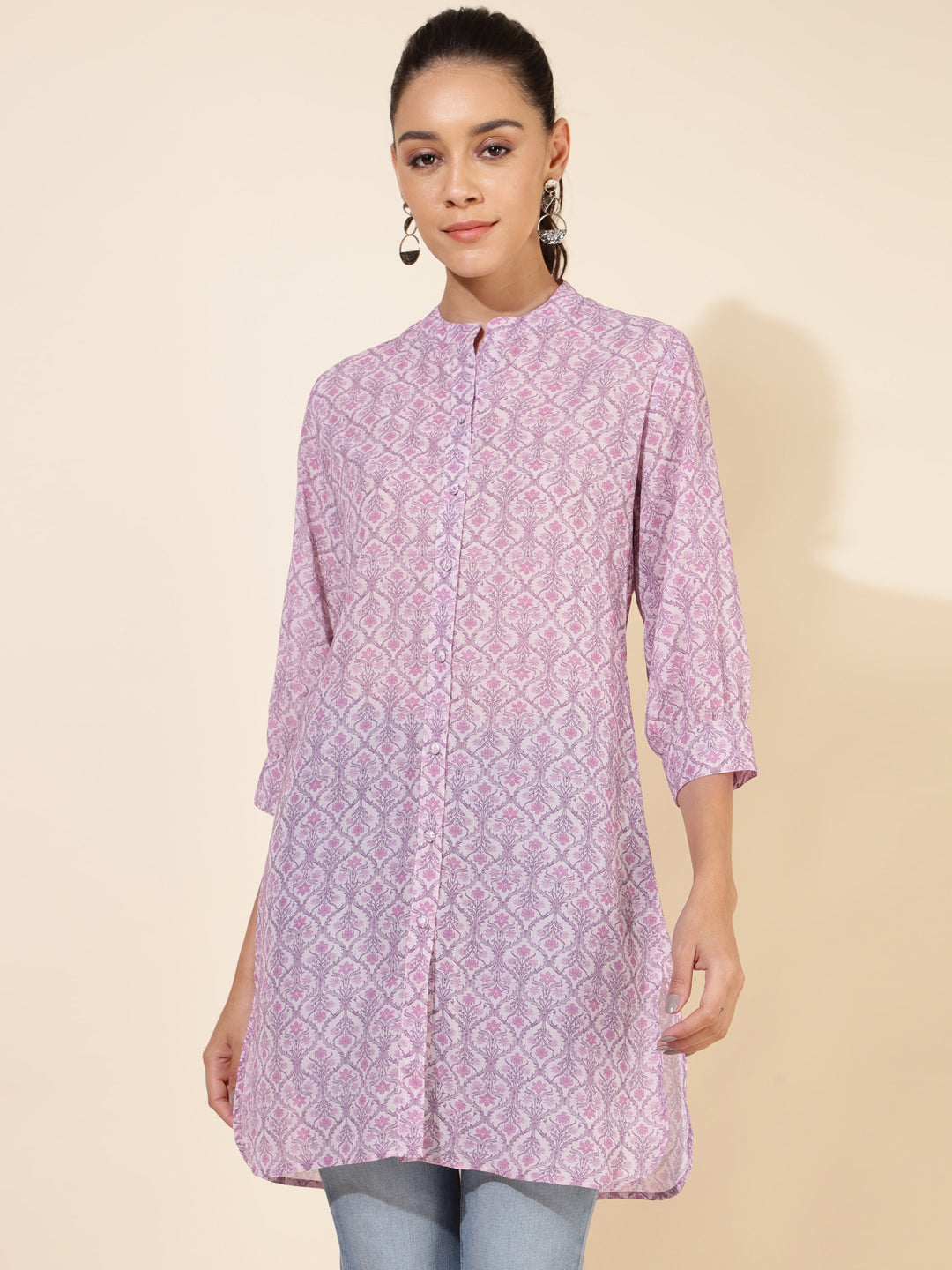 Janasya Women's Light Pink Georgette Floral Printed Casual Tunic | Swadesiicart