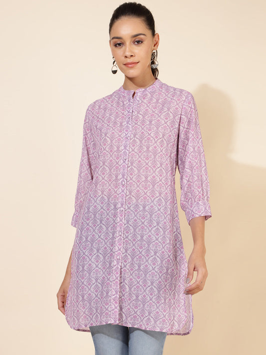 Janasya Women's Light Pink Georgette Floral Printed Casual Tunic | Swadesiicart
