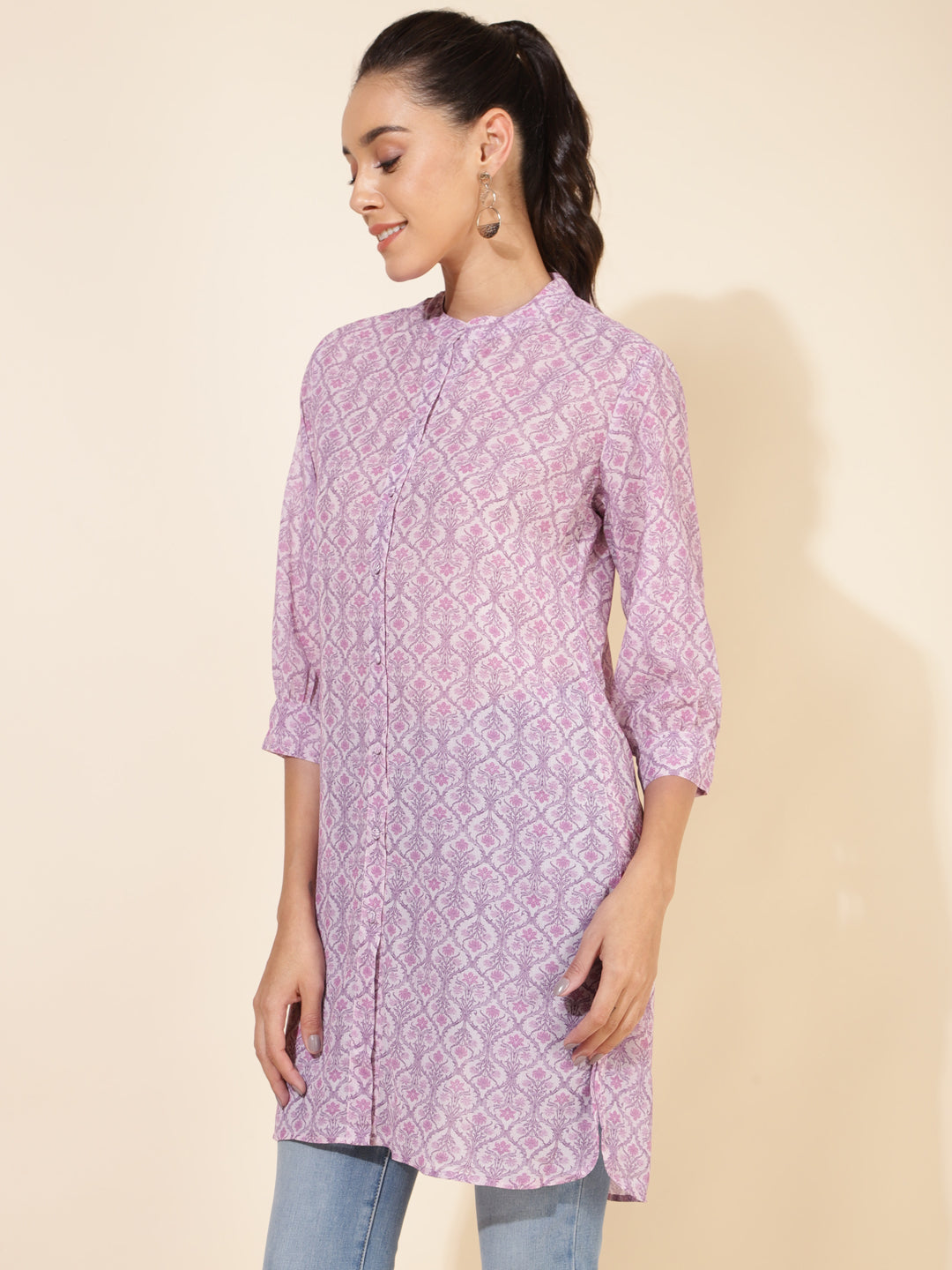 Janasya Women's Light Pink Georgette Floral Printed Casual Tunic | Swadesiicart