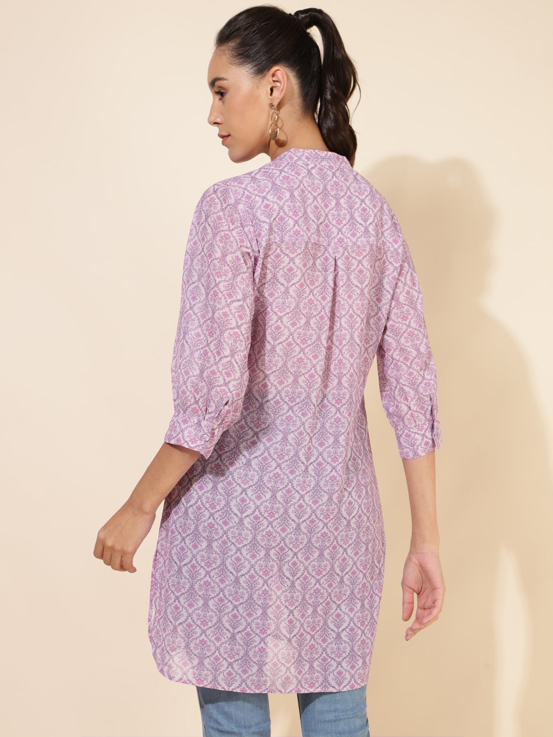 Janasya Women's Light Pink Georgette Floral Printed Casual Tunic | Swadesiicart