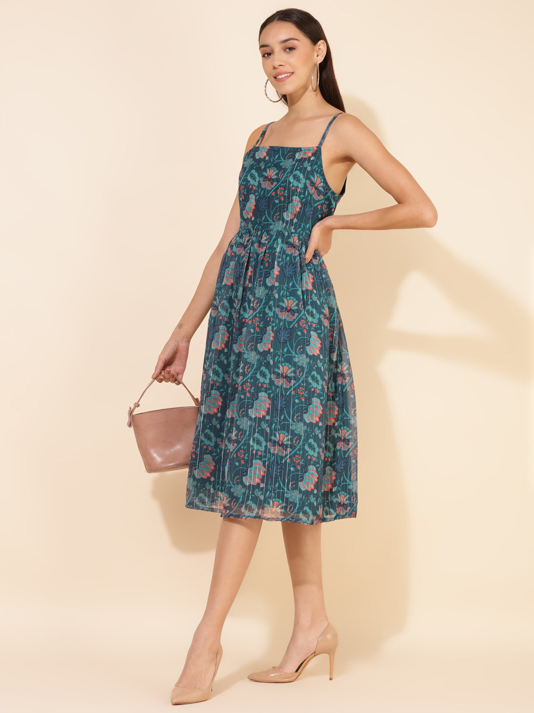 Janasya Women's Blue Chiffon Lurex Digital Floral Printed Casual Dress | Swadesiicart