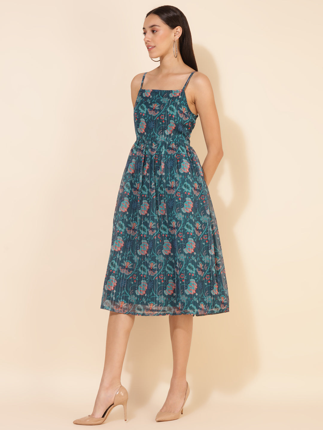 Janasya Women's Blue Chiffon Lurex Digital Floral Printed Casual Dress | Swadesiicart