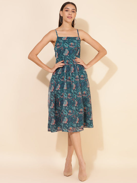 Janasya Women's Blue Chiffon Lurex Digital Floral Printed Casual Dress | Swadesiicart