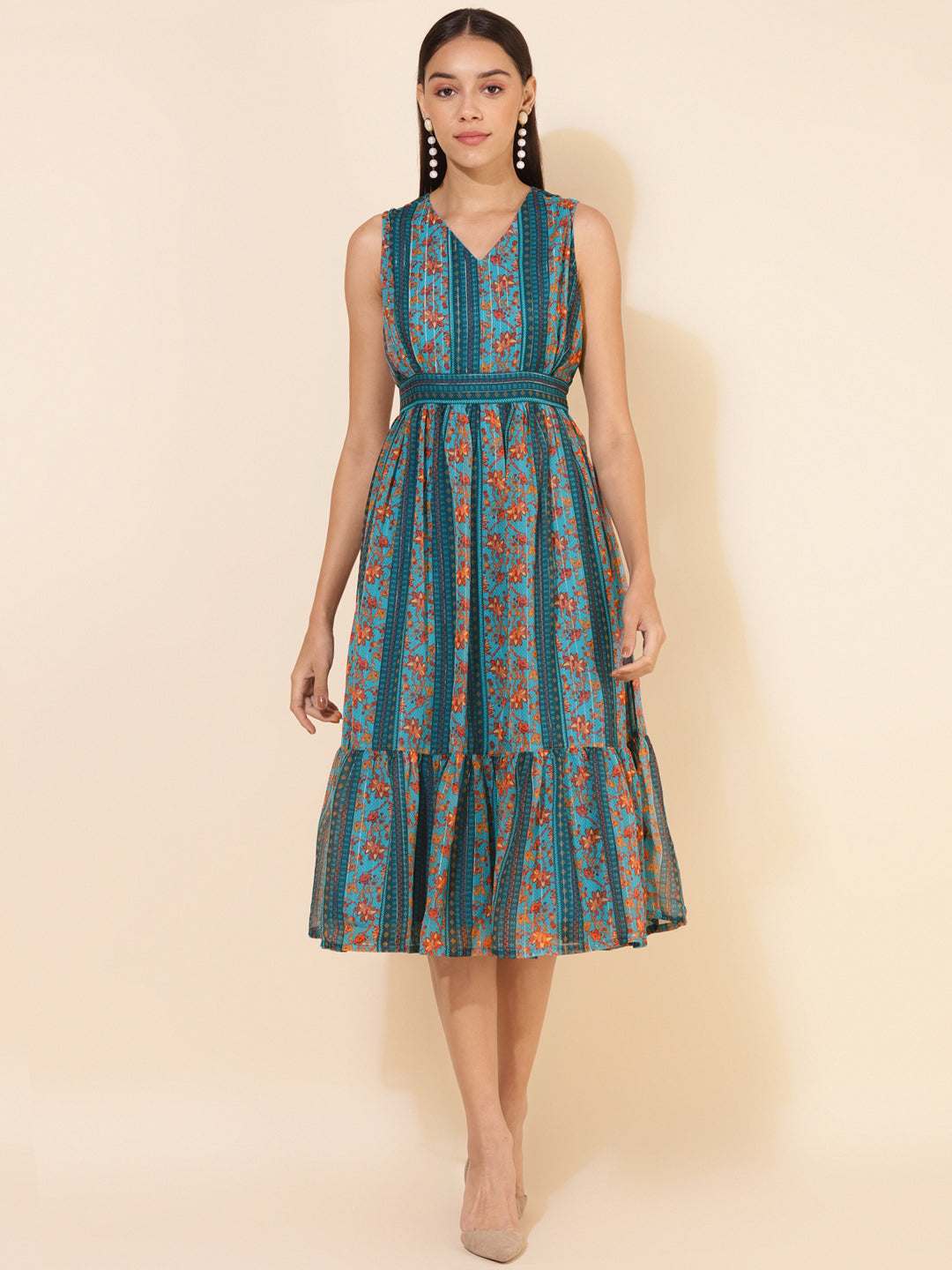 Janasya Women's Blue Chiffon Lurex Floral Printed Casual Dress | Swadesiicart