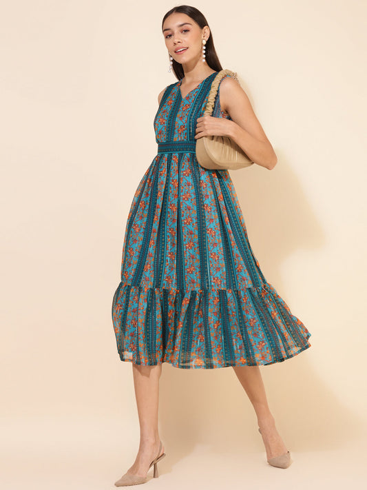 Janasya Women's Blue Chiffon Lurex Floral Printed Casual Dress | Swadesiicart