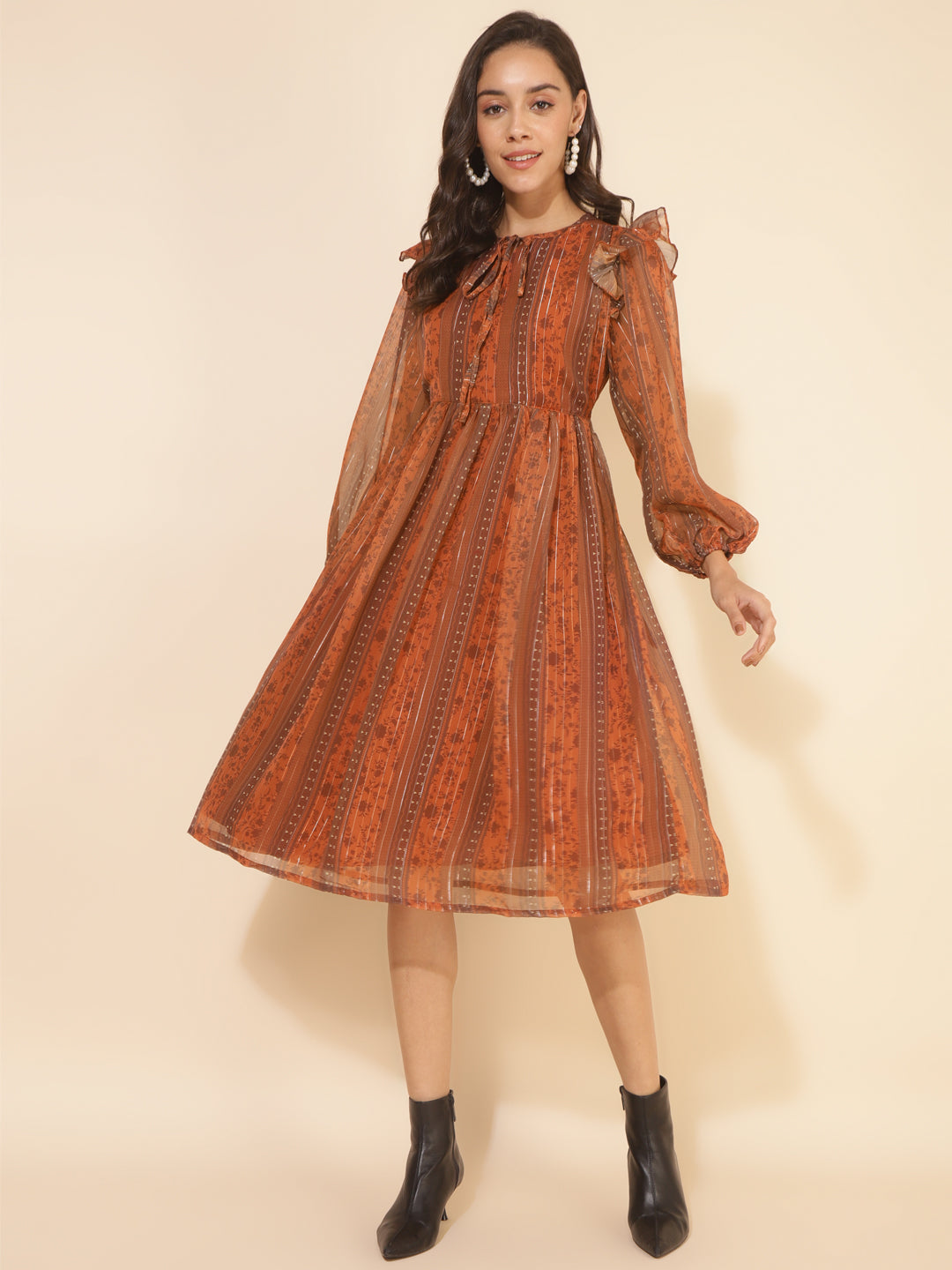 Janasya Women's Rust Chiffon Lurex Floral Printed Casual Dress | Swadesiicart