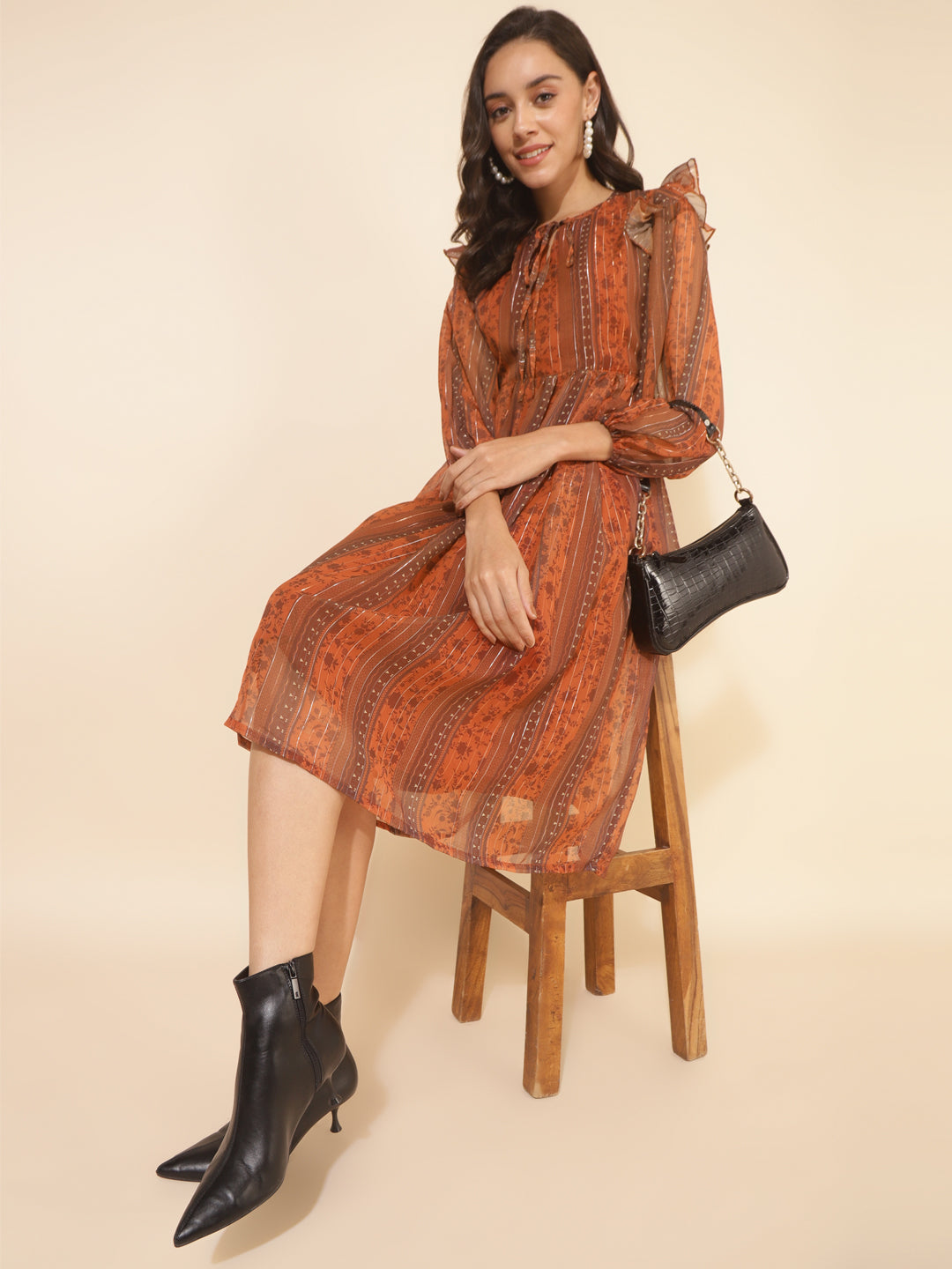 Janasya Women's Rust Chiffon Lurex Floral Printed Casual Dress | Swadesiicart