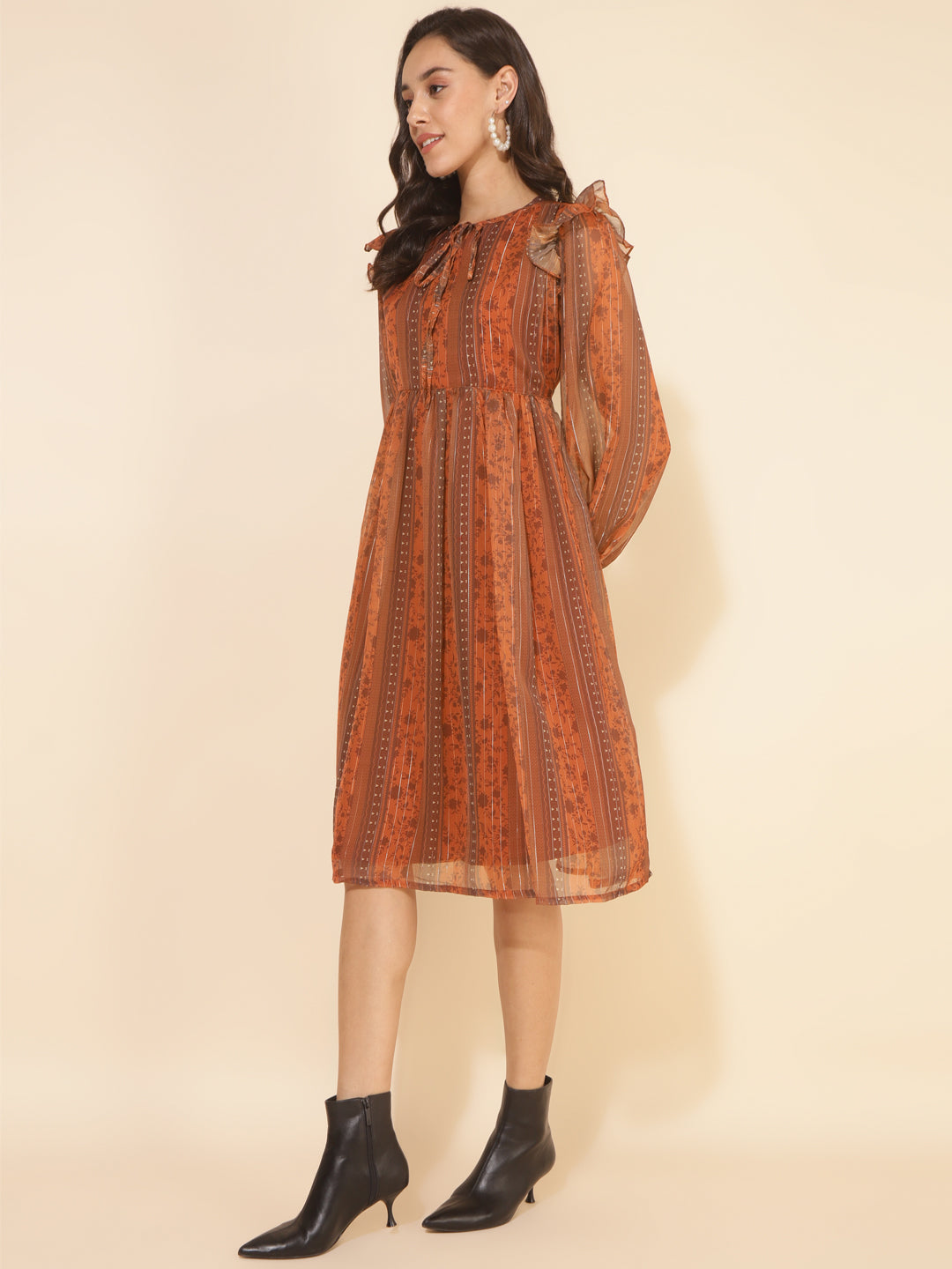 Janasya Women's Rust Chiffon Lurex Floral Printed Casual Dress | Swadesiicart