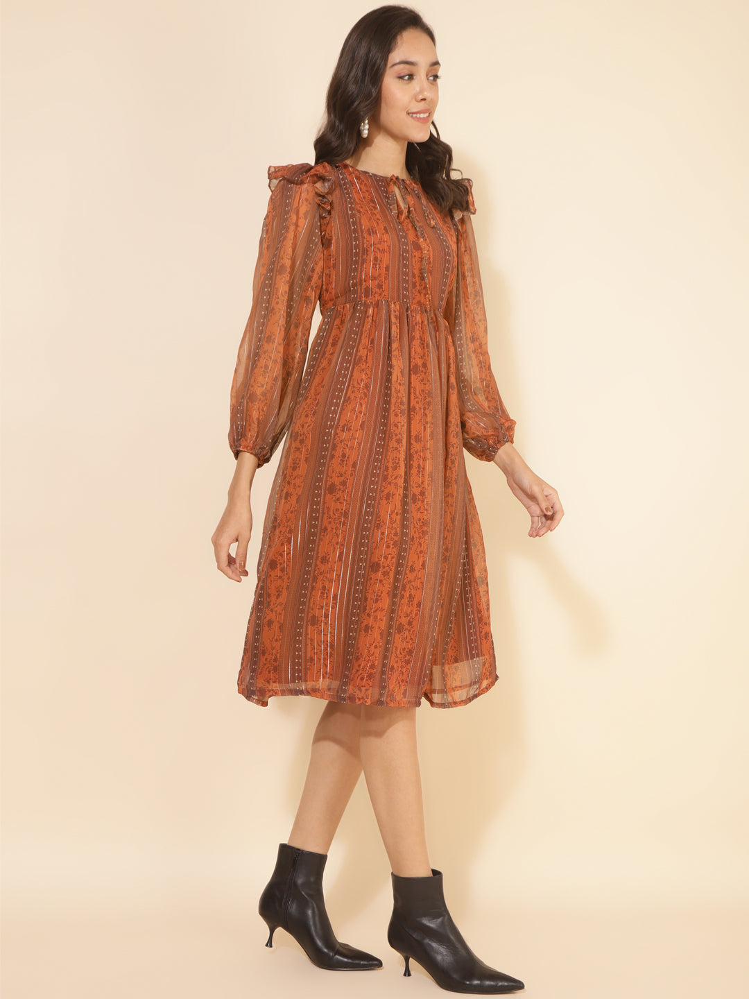 Janasya Women's Rust Chiffon Lurex Floral Printed Casual Dress | Swadesiicart