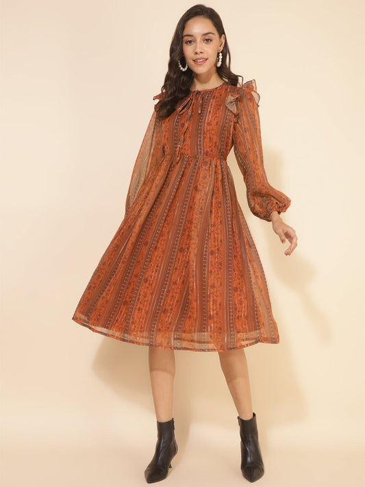 Janasya Women's Rust Chiffon Lurex Floral Printed Casual Dress | Swadesiicart