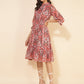 Janasya Women's Peach Dobby Georgette Ikkat Printed Casual Dress | Swadesiicart