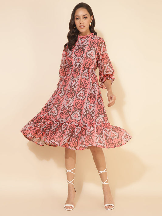 Janasya Women's Peach Dobby Georgette Ikkat Printed Casual Dress | Swadesiicart
