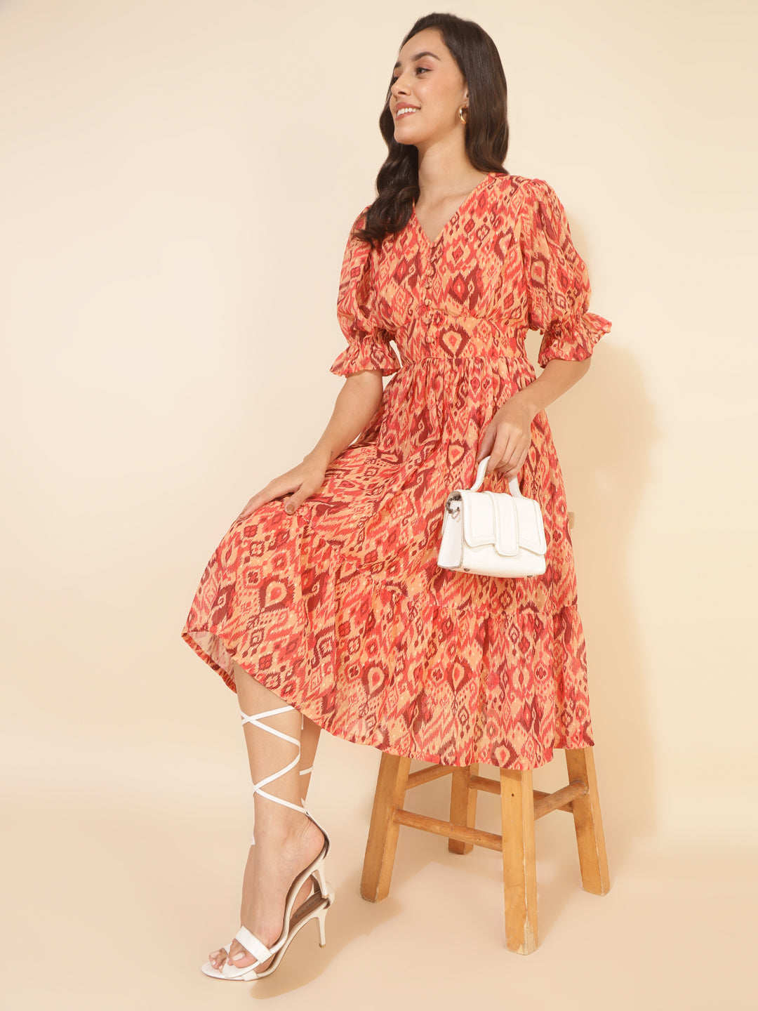Janasya Women's Mustard Dobby Georgette Ikat Printed Casual Dress | Swadesiicart