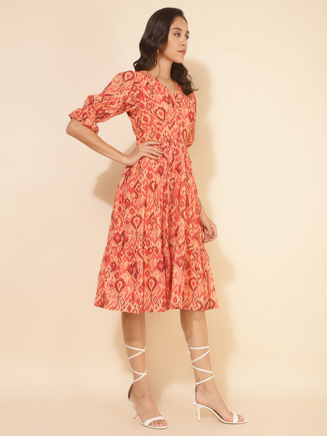 Janasya Women's Mustard Dobby Georgette Ikat Printed Casual Dress | Swadesiicart