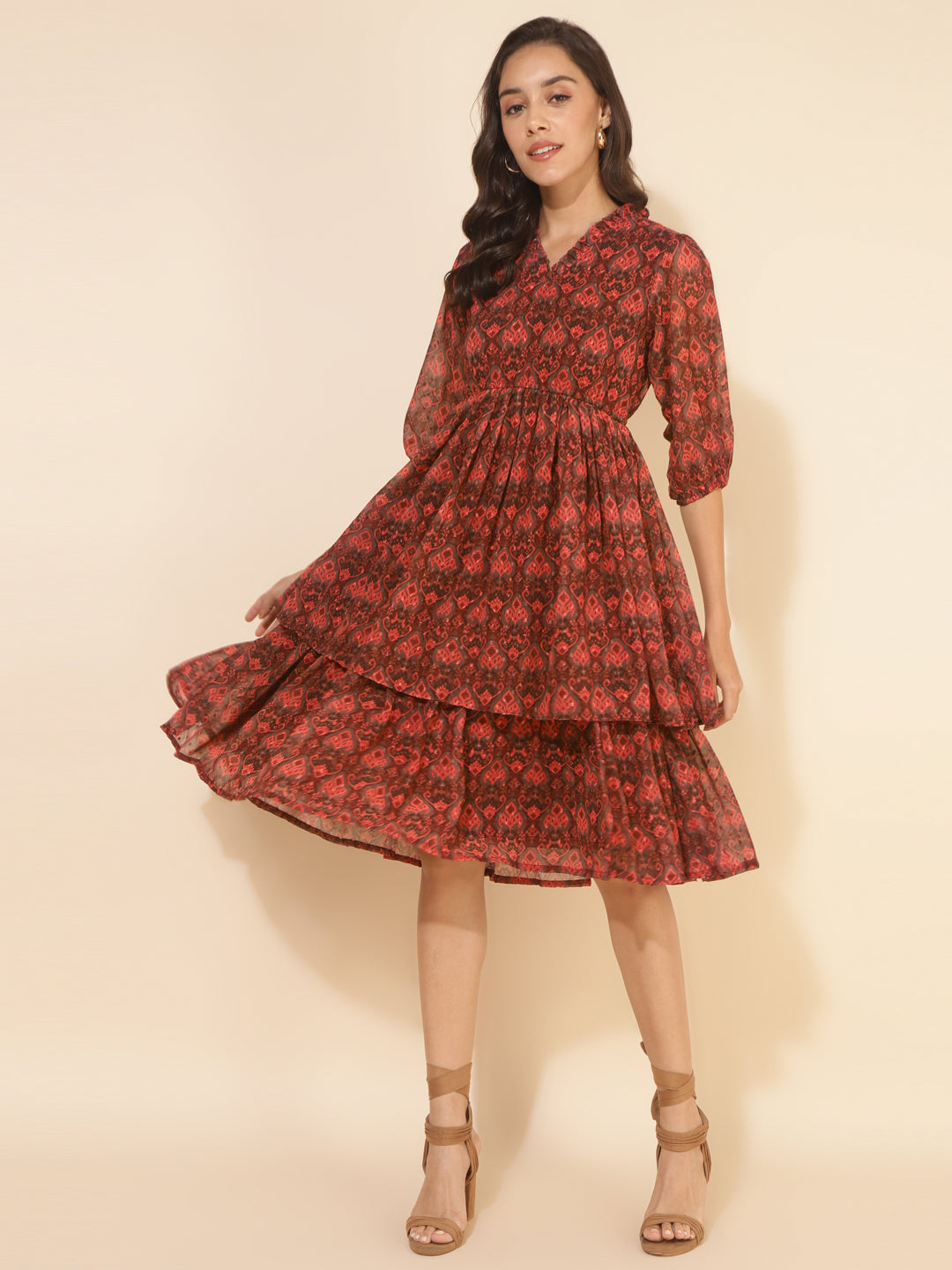 Janasya Women's Brown Dobby Georgette Ikkat Printed Casual Dress | Swadesiicart