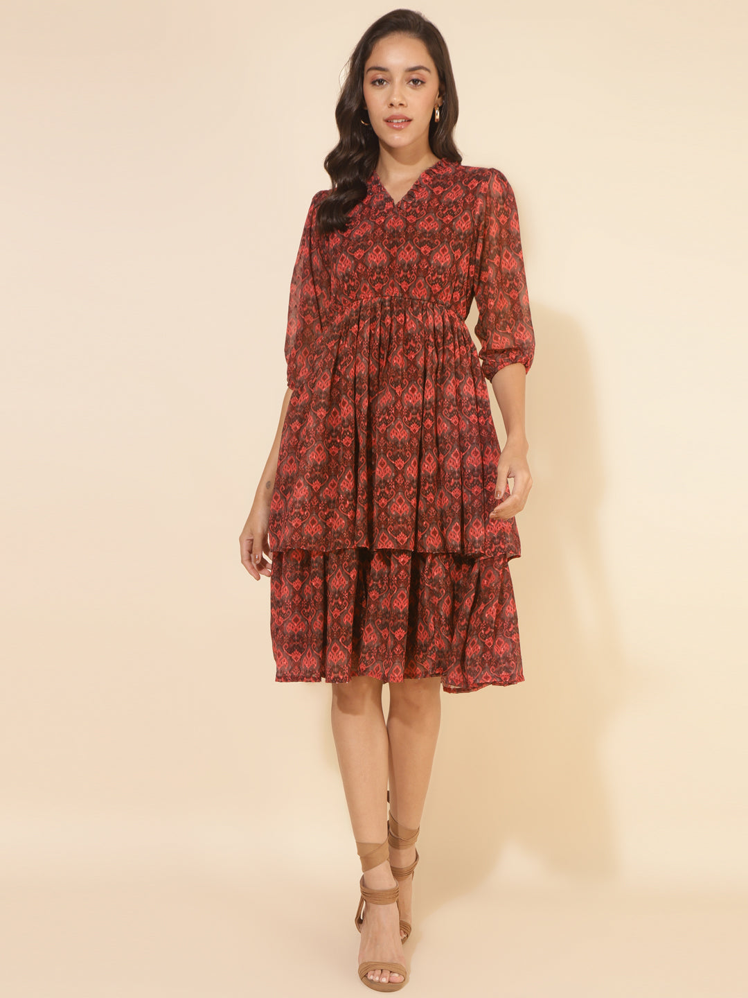 Janasya Women's Brown Dobby Georgette Ikkat Printed Casual Dress | Swadesiicart