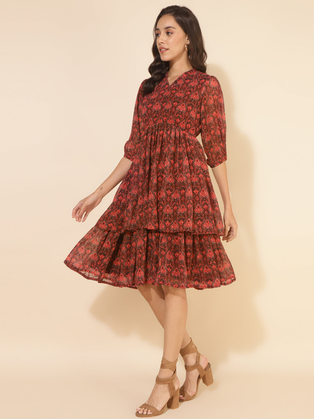 Janasya Women's Brown Dobby Georgette Ikkat Printed Casual Dress | Swadesiicart
