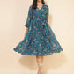 Janasya Women's Blue Dobby Georgette Ikkat Printed Casual Dress | Swadesiicart